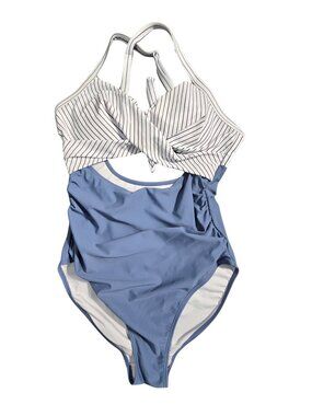 NWOT | Slate Blue & White Striped Twist Front Cutout One Piece Swimsuit | Medium